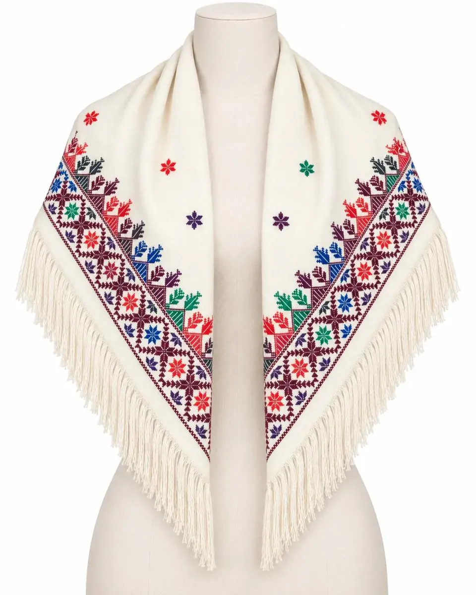 Cream shawl with a red and green cross-stitch border